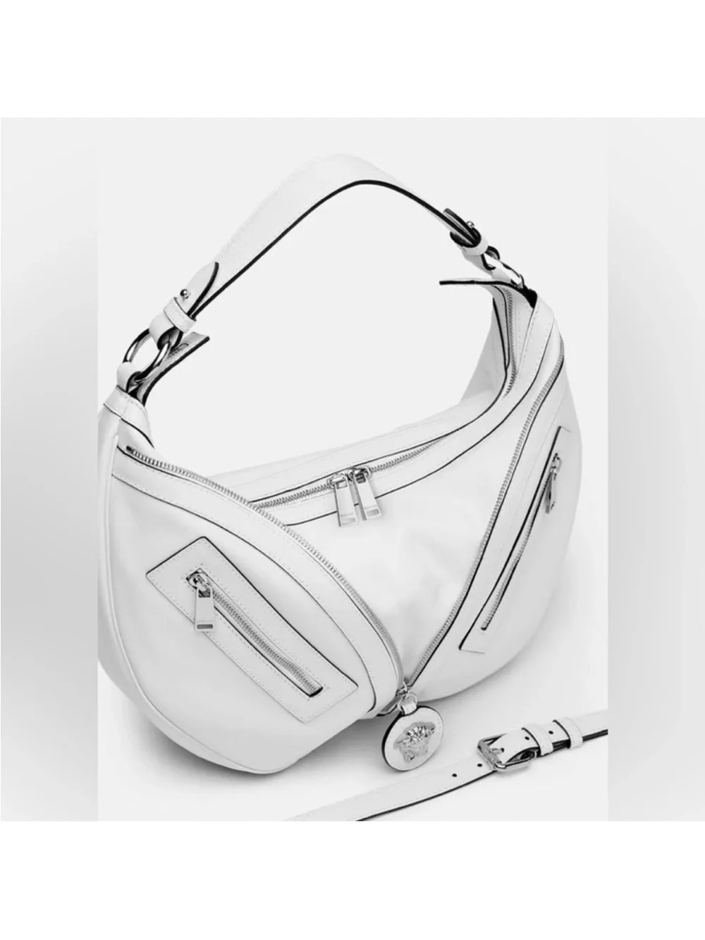 Versace Optical White Calfskin Crescent Hobo Shoulder Bag Silver Hardware